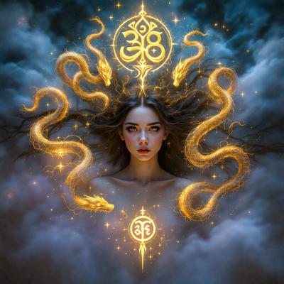 The primary subject of the image is a woman with long hair, who is the main focus of the scene. She is surrounded by a cloudy sky, which serves as the backdrop for the image. The visual style of the image is digital art, as it is a well-crafted and detailed illustration. The colors in the image are predominantly dark and moody, with the woman's hair being the most prominent feature. The overall atmosphere of the image is mysterious and captivating.